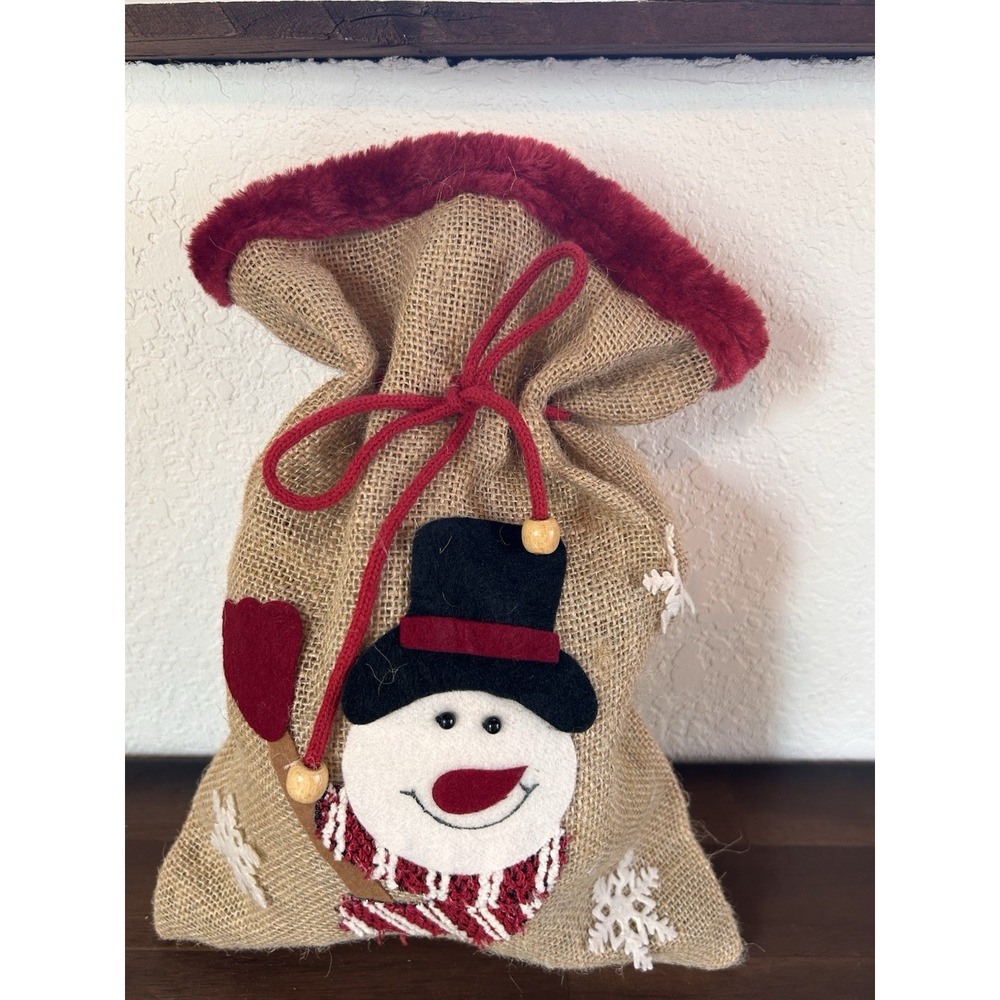 Snowman Snowflakes Drawstring Jute Fuzzy Trim Christmas Gift Bag 13 1/2" x 9"